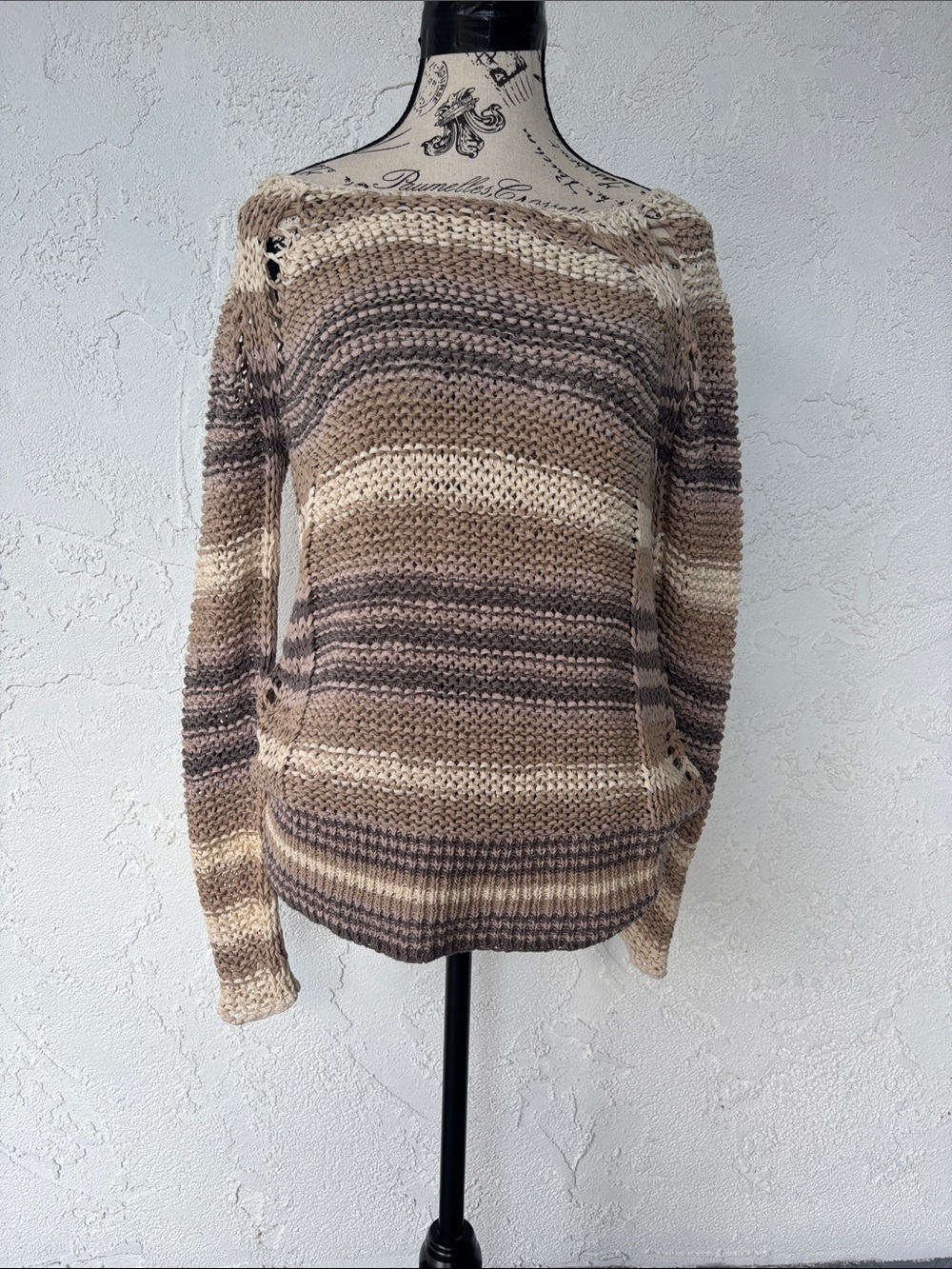 Free People Striped Scoop Neck Sweater in Beige and Taupe